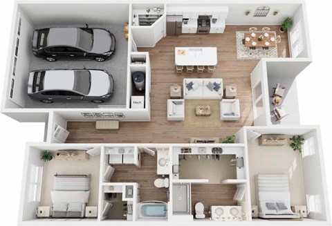 A top-down view of a two-story apartment with a living room, kitchen, and bedrooms.